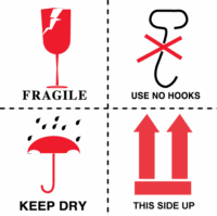 Fragile, Use No Hooks, Keep Dry, Arrows, Orientation