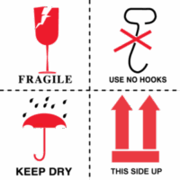 Fragile, Use No Hooks, Keep Dry, Arrows, Orientation